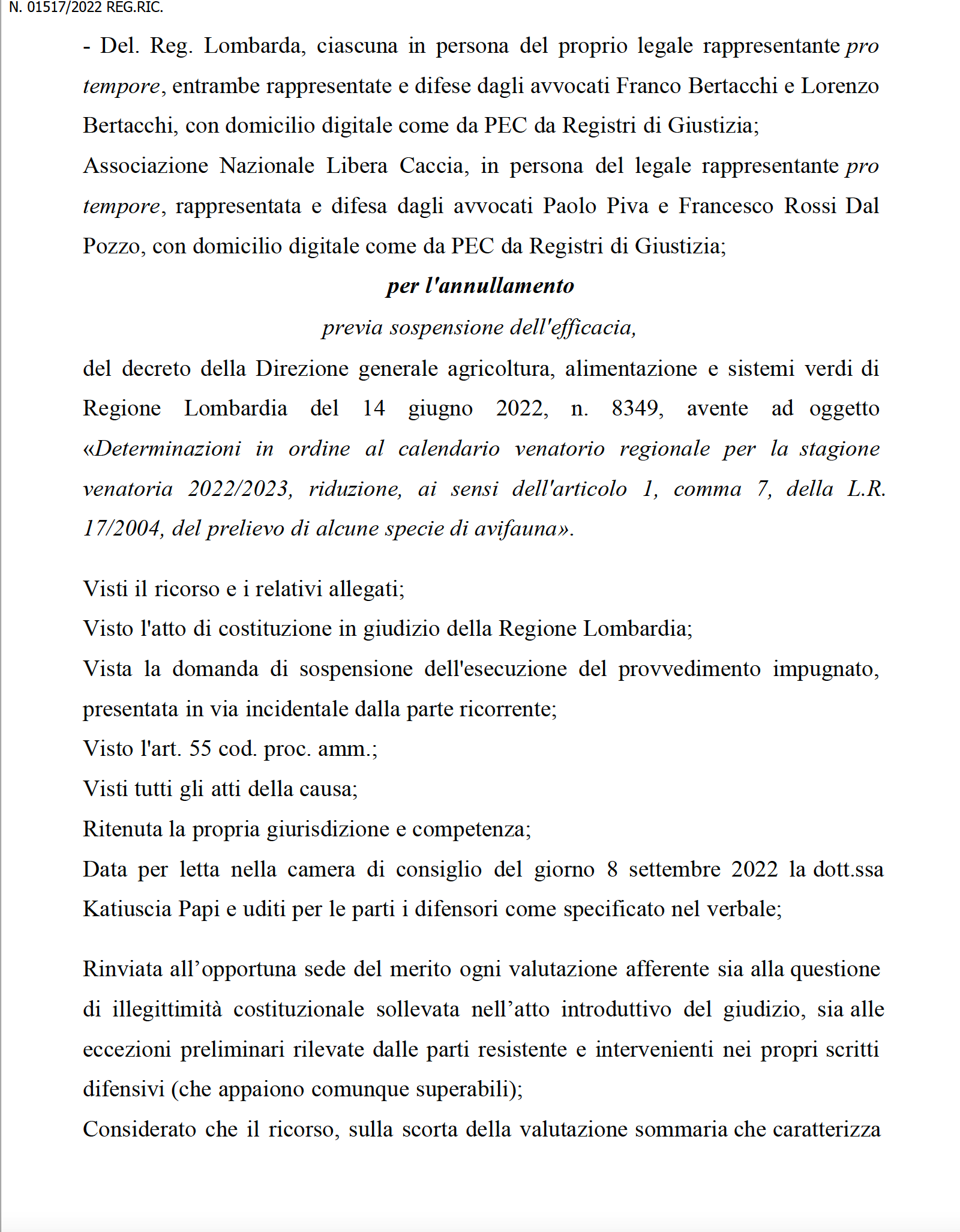 Ordinanza del TAR Lombardia n° 1517 del 2022